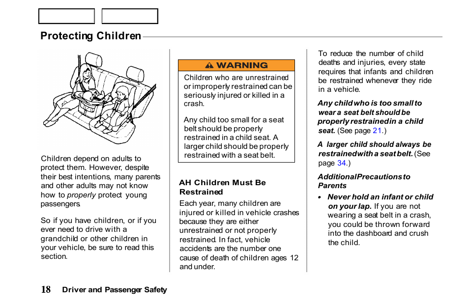Protecting children | HONDA 2001 Passport - Owner's Manual User Manual | Page 22 / 317