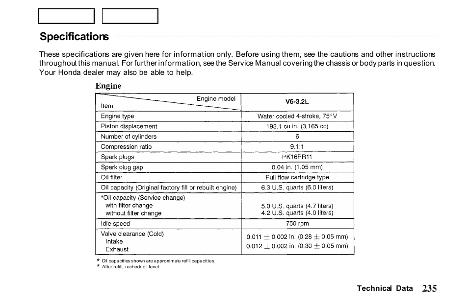 Specifications | HONDA 2001 Passport - Owner's Manual User Manual | Page 239 / 317