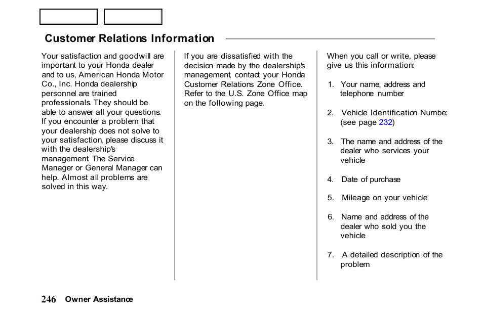 Customer relations information | HONDA 2001 Passport - Owner's Manual User Manual | Page 250 / 317