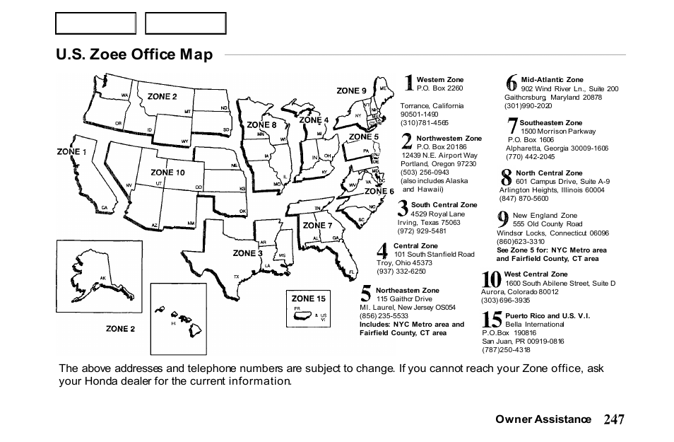 U.s. zoee office map | HONDA 2001 Passport - Owner's Manual User Manual | Page 251 / 317