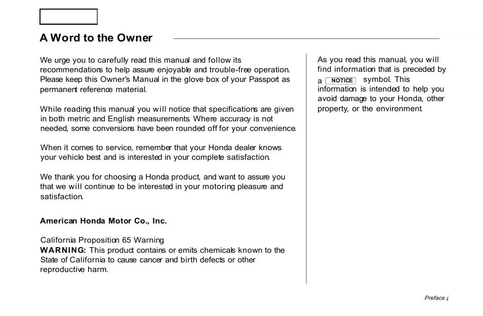 A word to the owner | HONDA 2001 Passport - Owner's Manual User Manual | Page 3 / 317