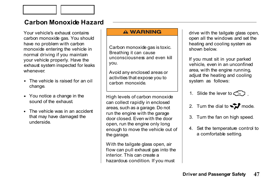 Carbon monoxide hazard | HONDA 2001 Passport - Owner's Manual User Manual | Page 51 / 317