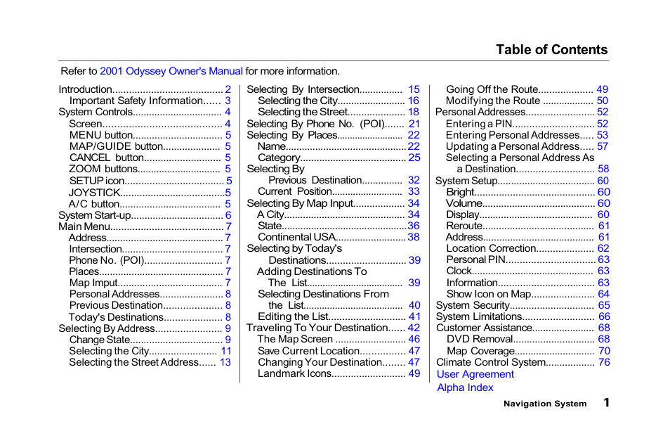 HONDA 2001 Odyssey - Navigation Manual User Manual | 1 page