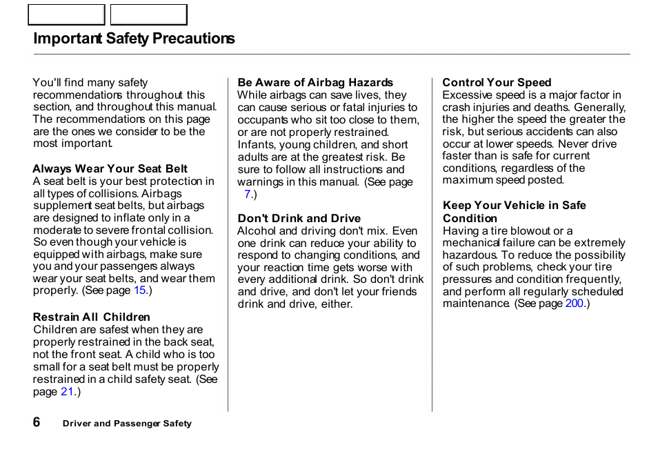 Important safety precautions | HONDA 2001 CR-V - Owner's Manual User Manual | Page 10 / 326