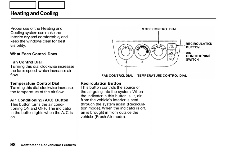 Heating and cooling | HONDA 2001 CR-V - Owner's Manual User Manual | Page 102 / 326