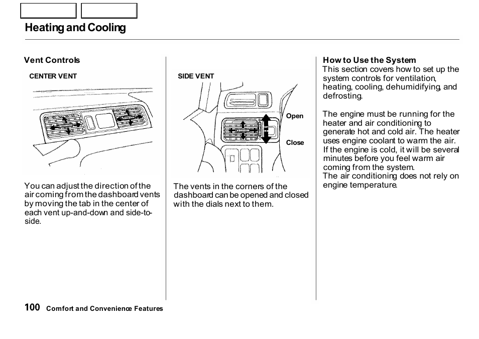 Heating and cooling | HONDA 2001 CR-V - Owner's Manual User Manual | Page 104 / 326