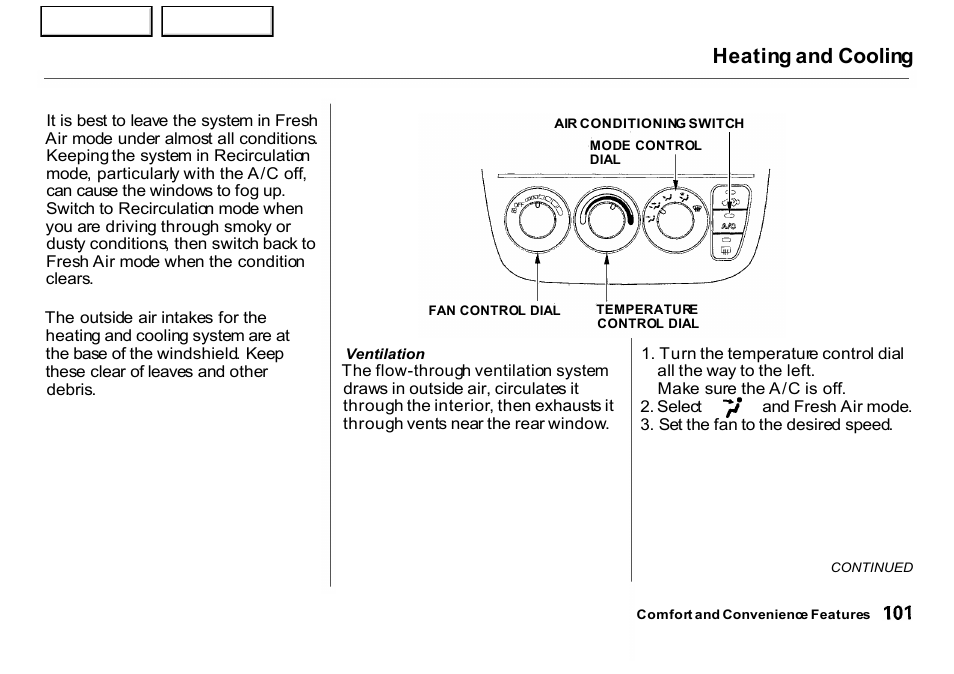 Heating and cooling | HONDA 2001 CR-V - Owner's Manual User Manual | Page 105 / 326