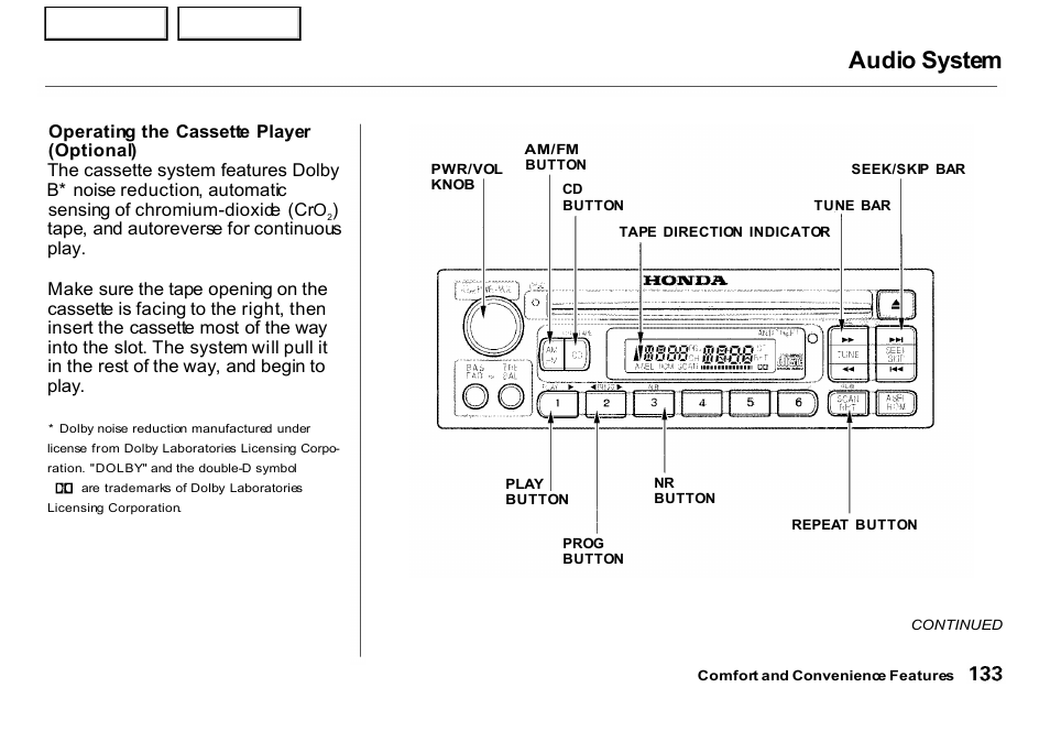 Audio system | HONDA 2001 CR-V - Owner's Manual User Manual | Page 137 / 326