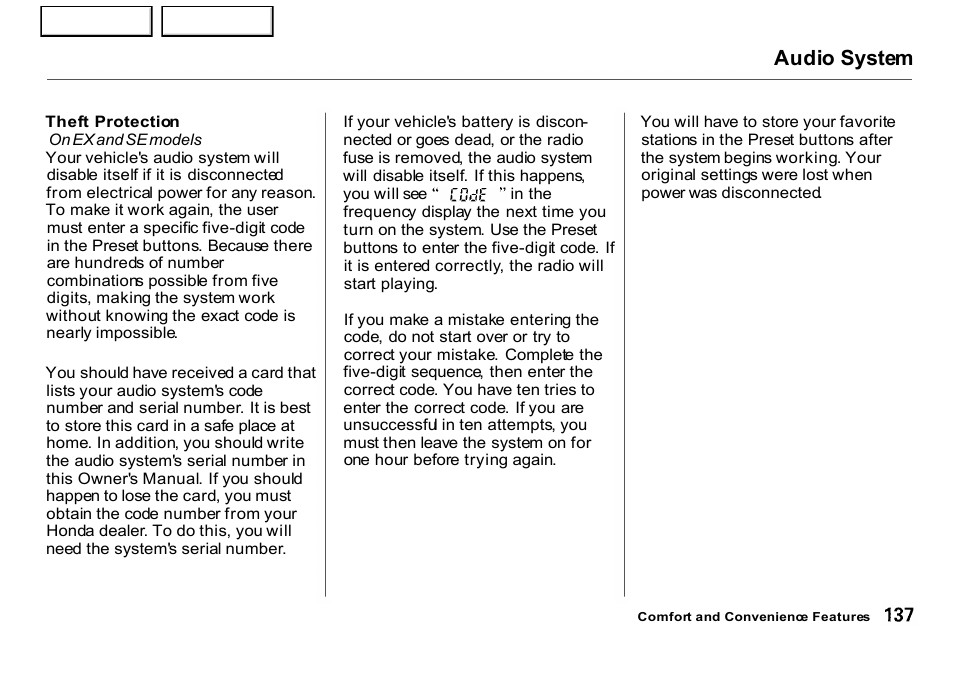 Audio system | HONDA 2001 CR-V - Owner's Manual User Manual | Page 141 / 326