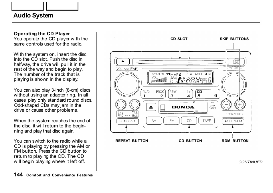 Audio system | HONDA 2001 CR-V - Owner's Manual User Manual | Page 148 / 326