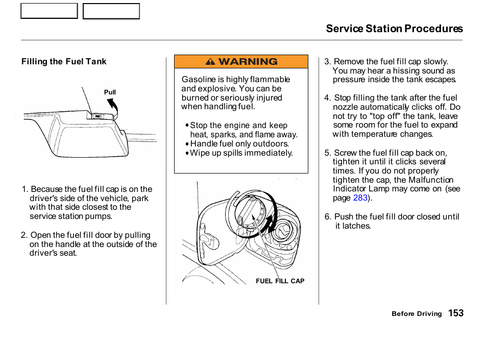 Service station procedures | HONDA 2001 CR-V - Owner's Manual User Manual | Page 157 / 326