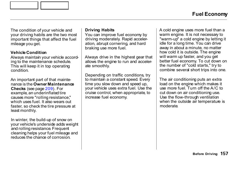 Fuel economy | HONDA 2001 CR-V - Owner's Manual User Manual | Page 161 / 326