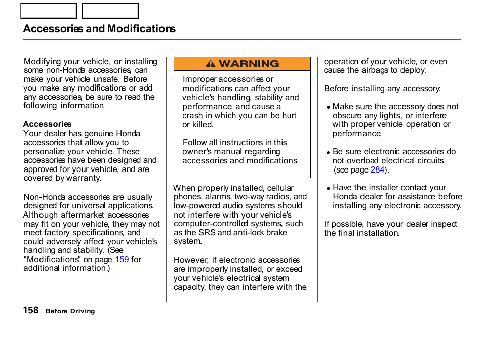 Accessories and modifications | HONDA 2001 CR-V - Owner's Manual User Manual | Page 162 / 326