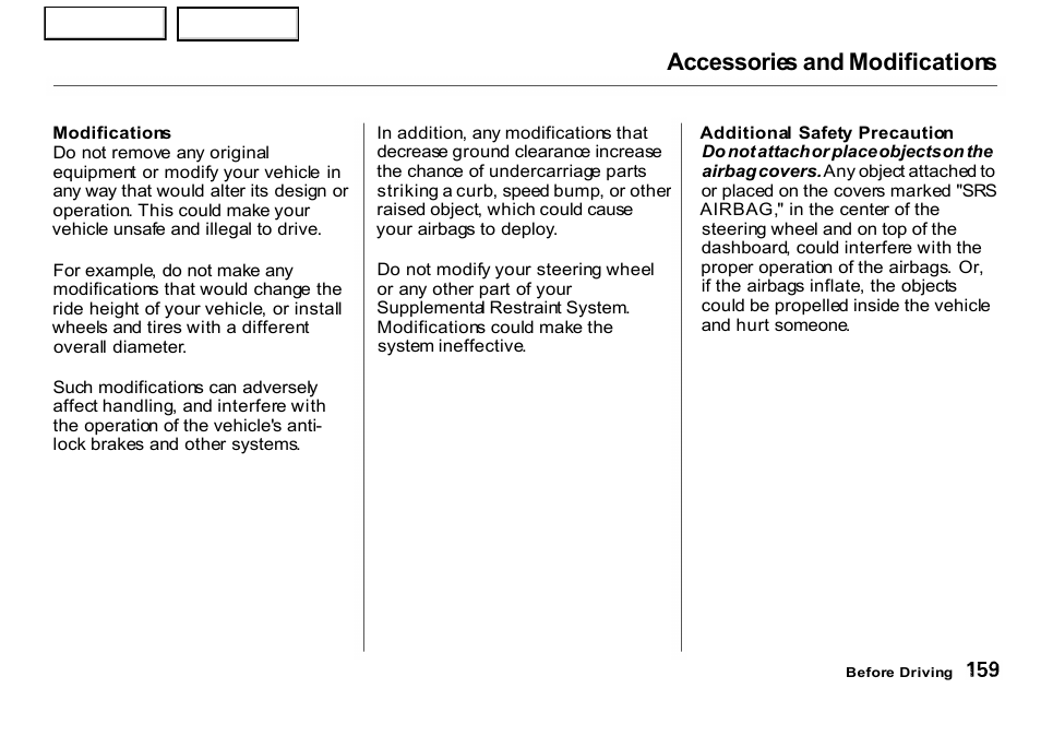 Accessories and modifications | HONDA 2001 CR-V - Owner's Manual User Manual | Page 163 / 326