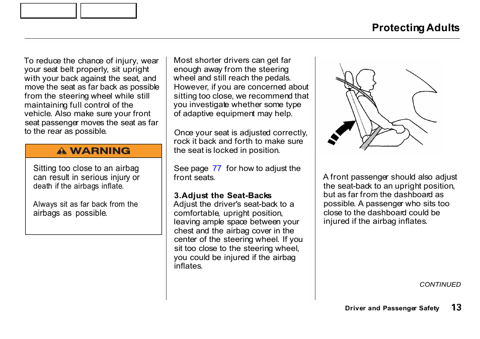 Protecting adults | HONDA 2001 CR-V - Owner's Manual User Manual | Page 17 / 326