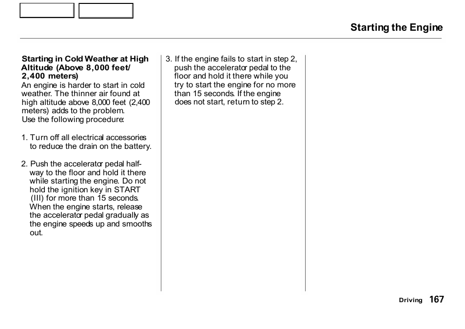 Starting the engine | HONDA 2001 CR-V - Owner's Manual User Manual | Page 171 / 326