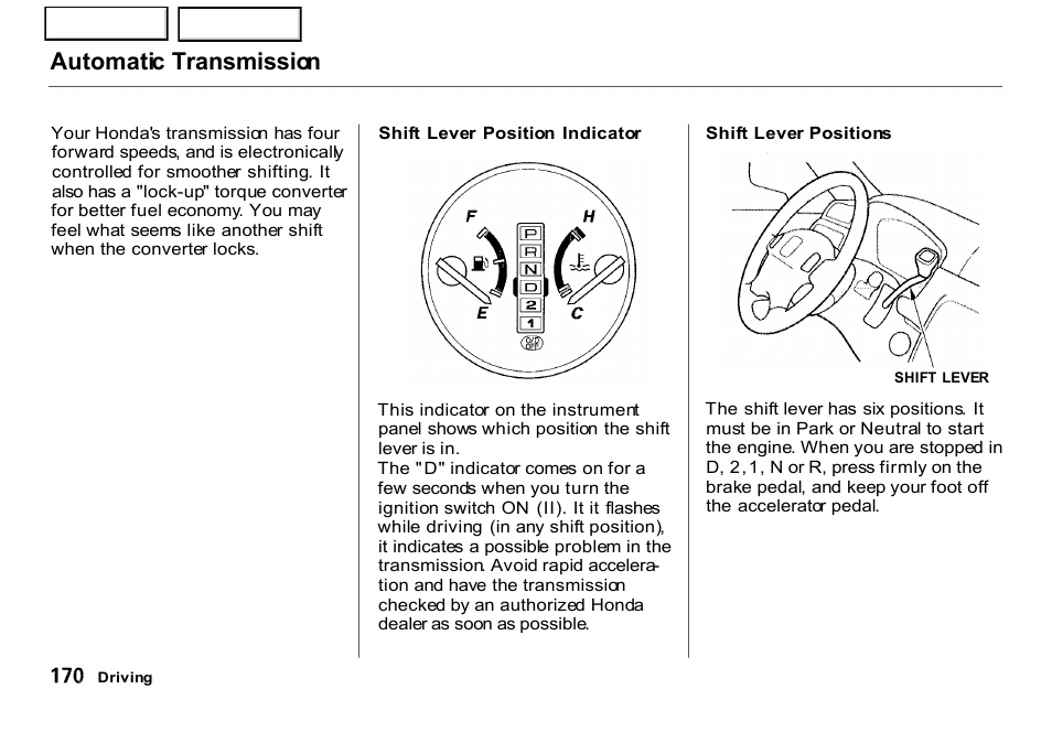 Automatic transmission | HONDA 2001 CR-V - Owner's Manual User Manual | Page 174 / 326