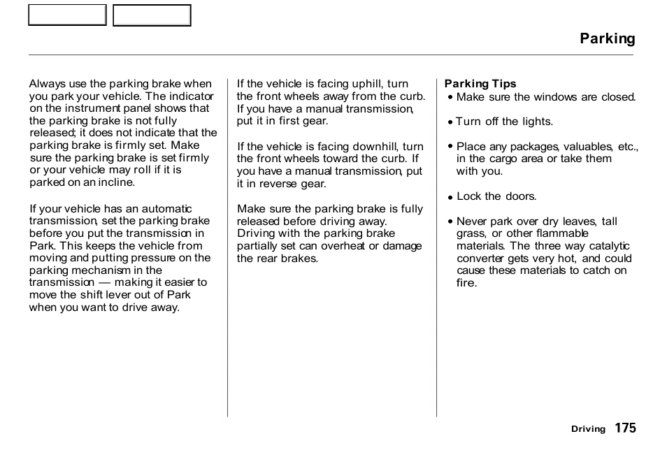 Parking | HONDA 2001 CR-V - Owner's Manual User Manual | Page 179 / 326