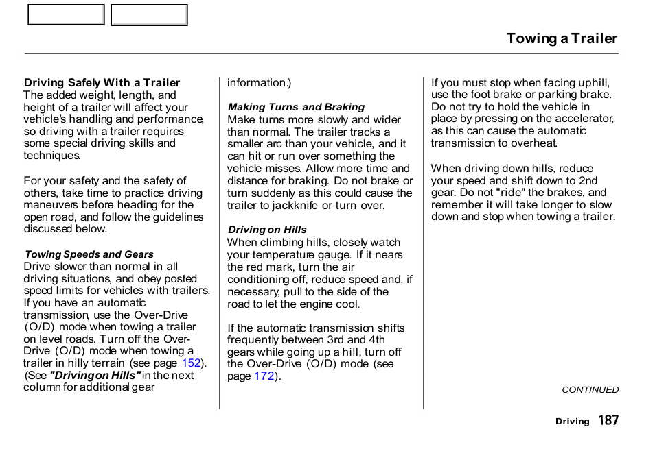 Towing a trailer | HONDA 2001 CR-V - Owner's Manual User Manual | Page 191 / 326