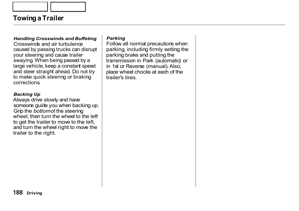 Towing a trailer | HONDA 2001 CR-V - Owner's Manual User Manual | Page 192 / 326