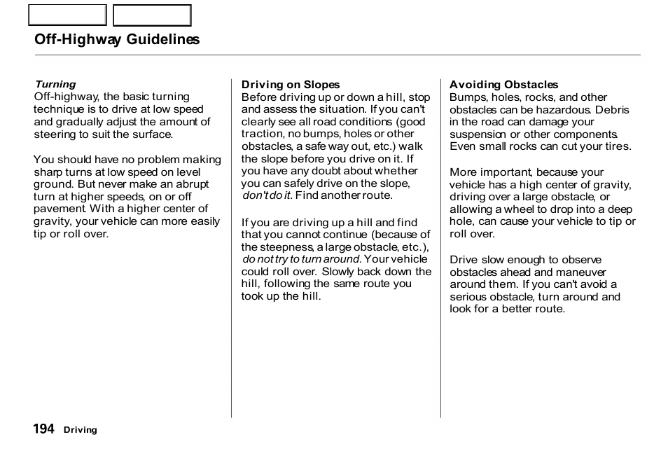 Off-highway guidelines | HONDA 2001 CR-V - Owner's Manual User Manual | Page 198 / 326