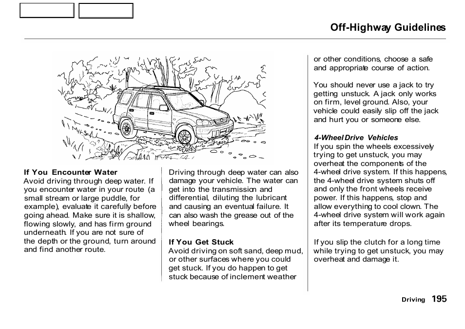 Off-highway guidelines | HONDA 2001 CR-V - Owner's Manual User Manual | Page 199 / 326