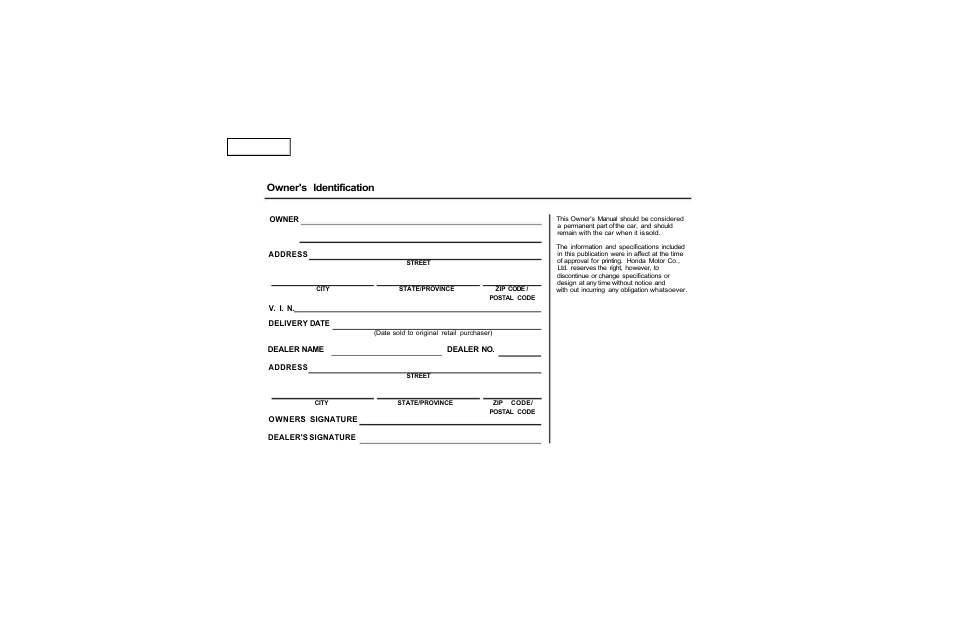 Owner's identification form, Owner's identification | HONDA 2001 CR-V - Owner's Manual User Manual | Page 2 / 326