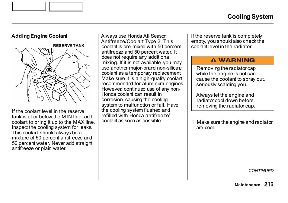 Cooling system | HONDA 2001 CR-V - Owner's Manual User Manual | Page 219 / 326