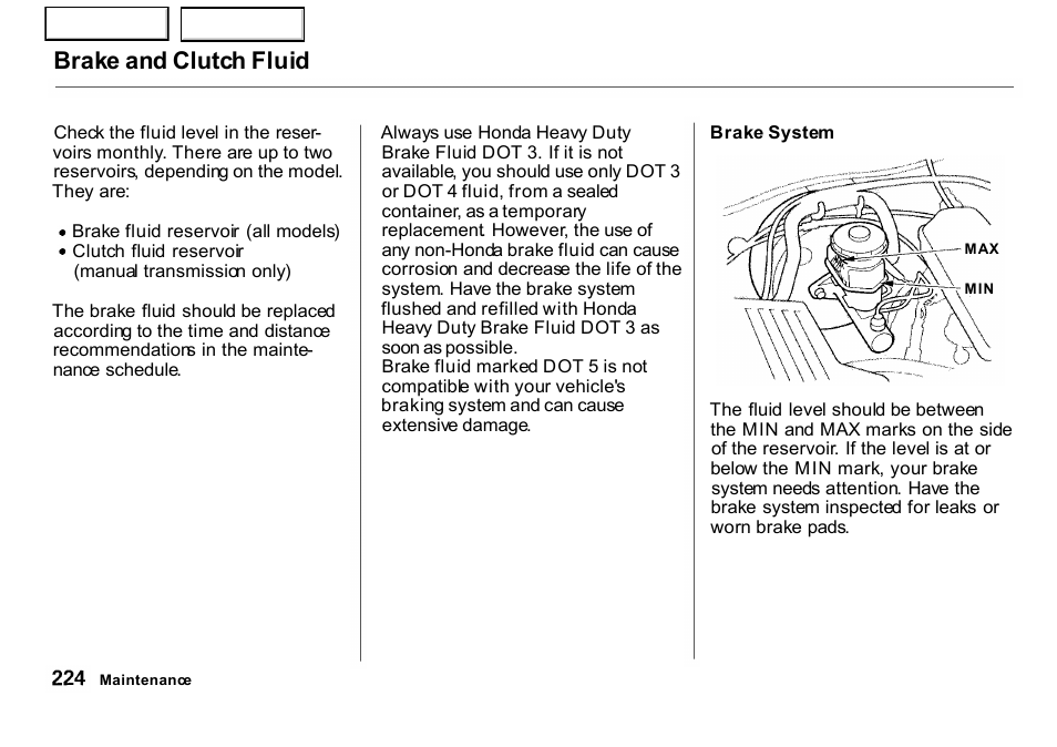 Brake and clutch fluid | HONDA 2001 CR-V - Owner's Manual User Manual | Page 228 / 326