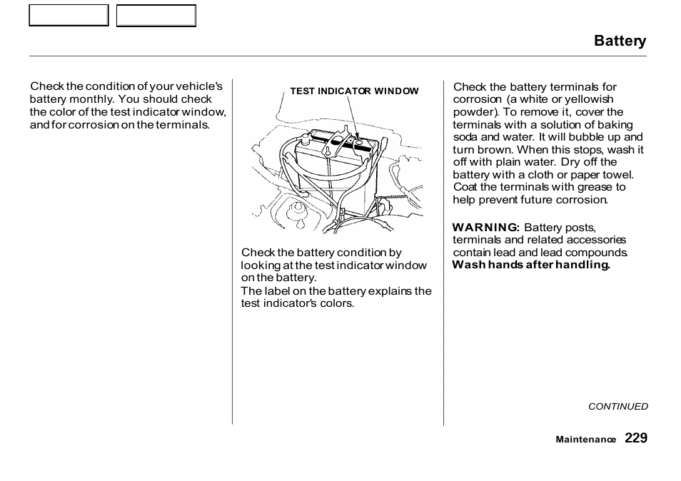 Battery | HONDA 2001 CR-V - Owner's Manual User Manual | Page 233 / 326