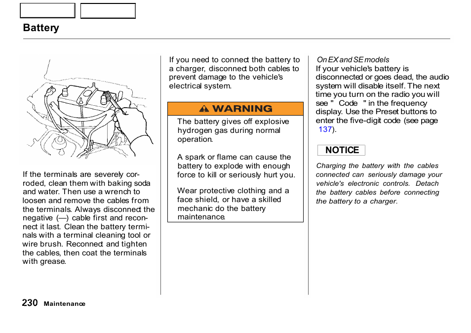 Battery | HONDA 2001 CR-V - Owner's Manual User Manual | Page 234 / 326