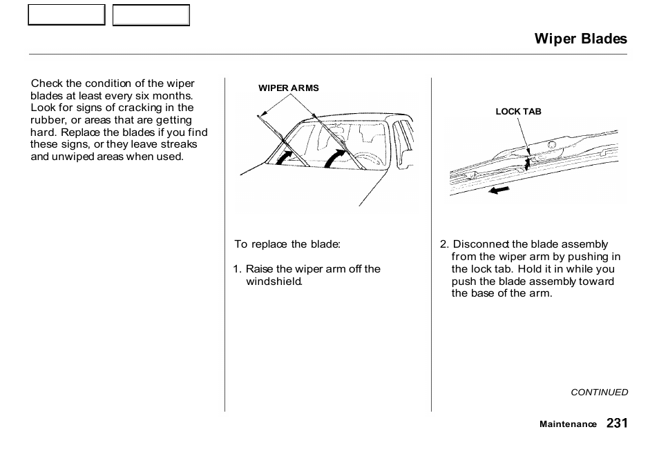 Wiper blades | HONDA 2001 CR-V - Owner's Manual User Manual | Page 235 / 326