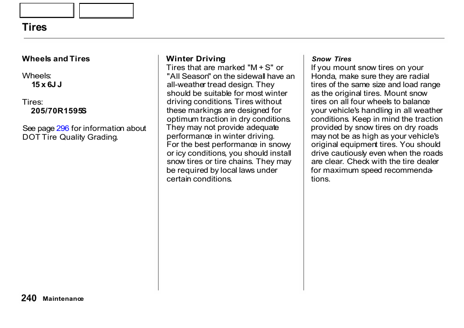 Tires | HONDA 2001 CR-V - Owner's Manual User Manual | Page 244 / 326