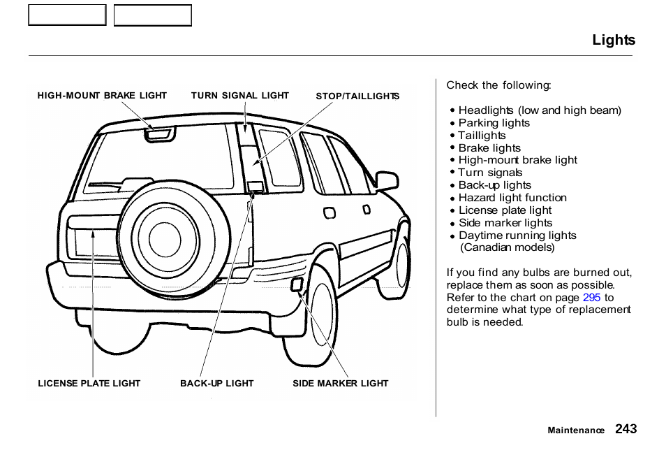 Lights | HONDA 2001 CR-V - Owner's Manual User Manual | Page 247 / 326