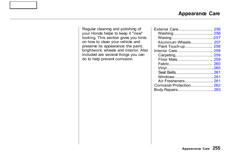 Appearance care | HONDA 2001 CR-V - Owner's Manual User Manual | Page 259 / 326