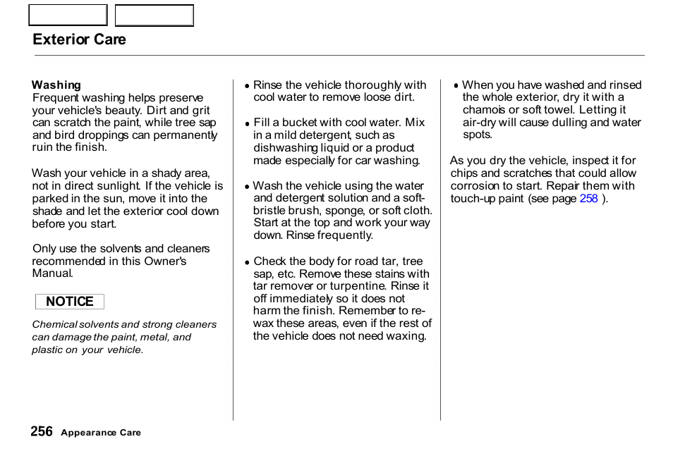 Exterior care | HONDA 2001 CR-V - Owner's Manual User Manual | Page 260 / 326