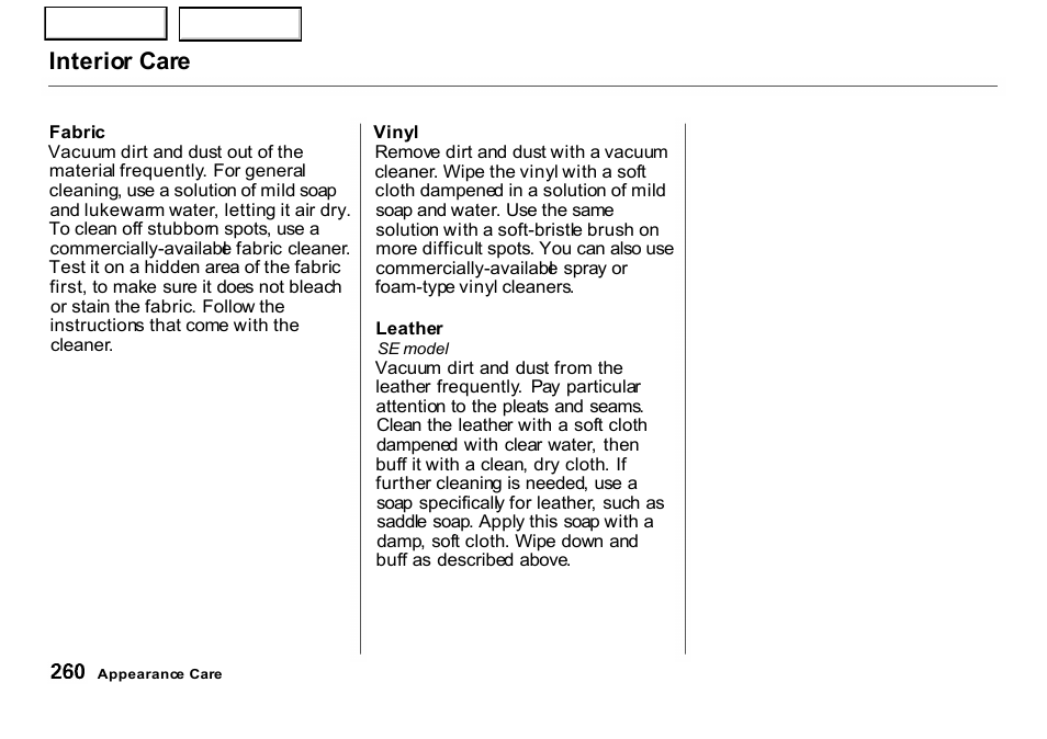 Interior care | HONDA 2001 CR-V - Owner's Manual User Manual | Page 264 / 326