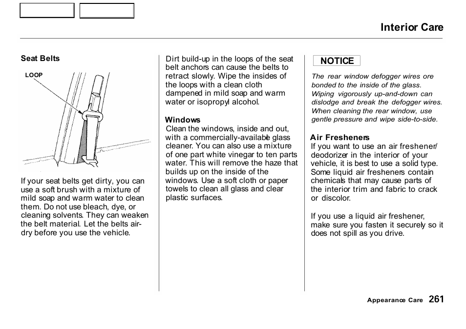 Interior care | HONDA 2001 CR-V - Owner's Manual User Manual | Page 265 / 326