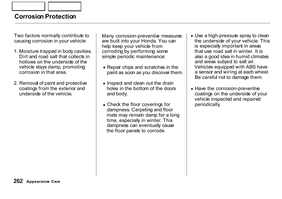 Corrosion protection | HONDA 2001 CR-V - Owner's Manual User Manual | Page 266 / 326