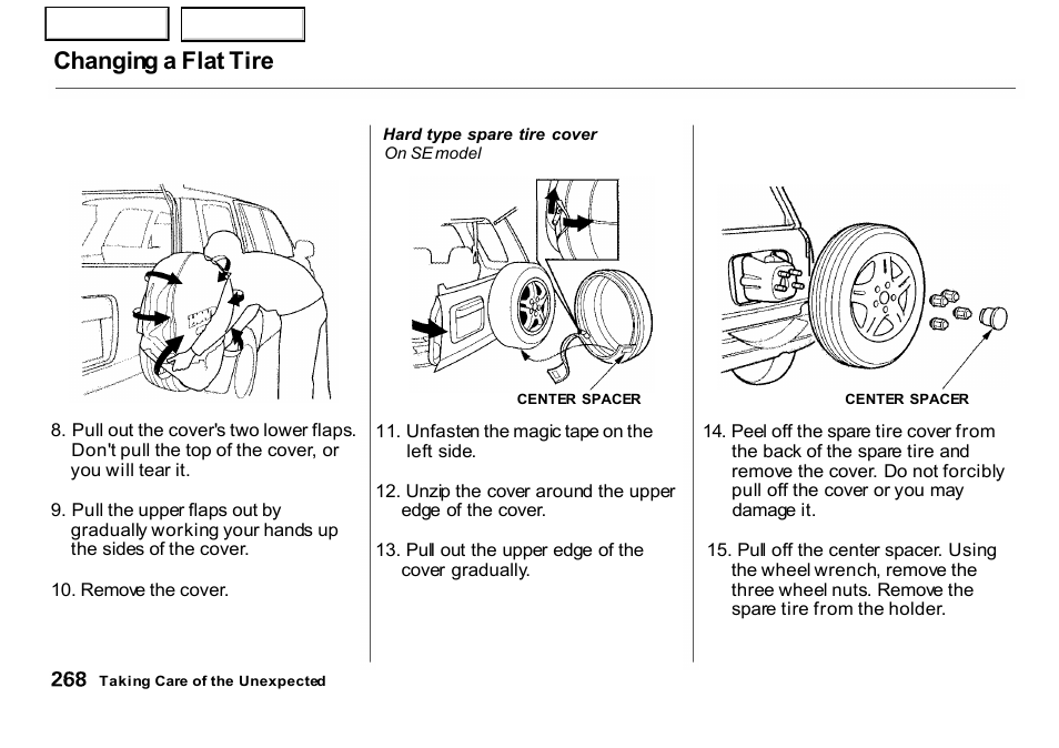 Changing a flat tire | HONDA 2001 CR-V - Owner's Manual User Manual | Page 272 / 326