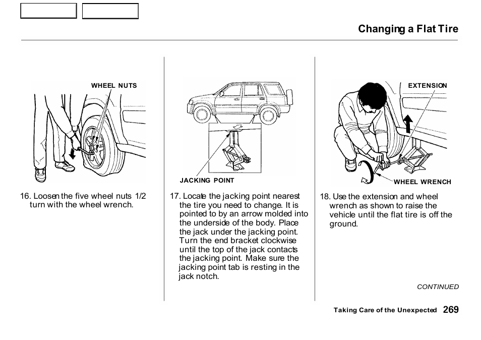 Changing a flat tire | HONDA 2001 CR-V - Owner's Manual User Manual | Page 273 / 326