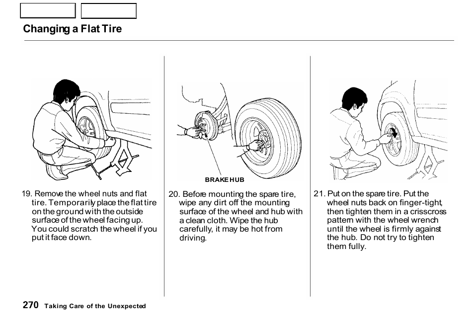 Changing a flat tire | HONDA 2001 CR-V - Owner's Manual User Manual | Page 274 / 326