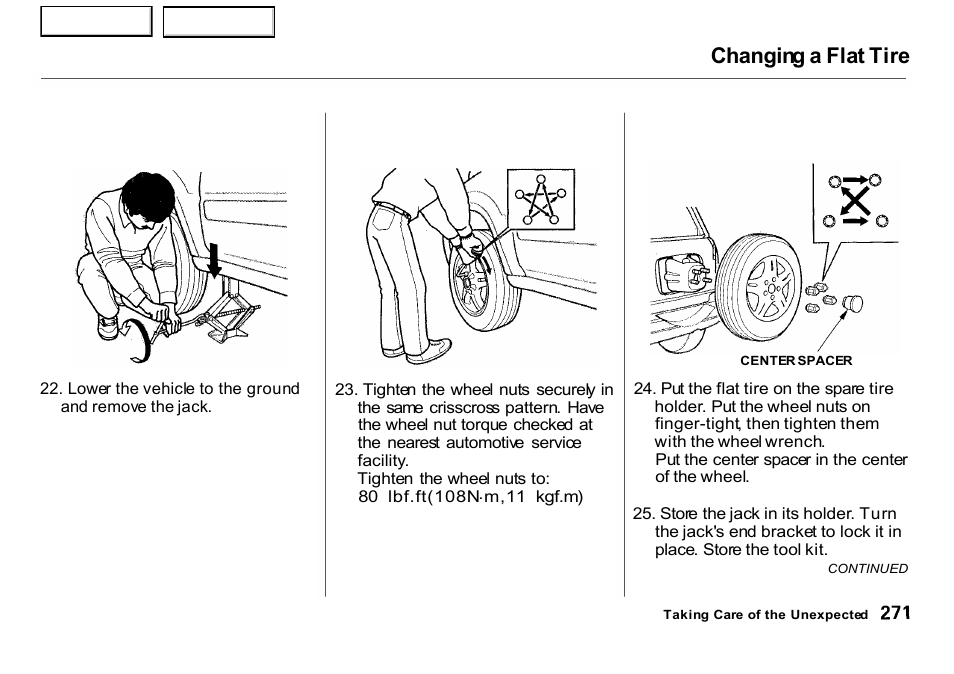 Changing a flat tire | HONDA 2001 CR-V - Owner's Manual User Manual | Page 275 / 326