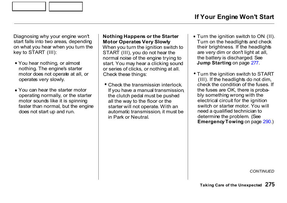 Slowly, If your engine won't start | HONDA 2001 CR-V - Owner's Manual User Manual | Page 279 / 326