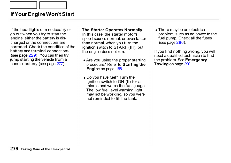 If your engine won't start | HONDA 2001 CR-V - Owner's Manual User Manual | Page 280 / 326