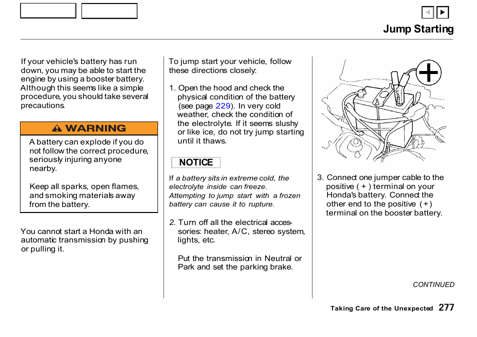 Jump starting | HONDA 2001 CR-V - Owner's Manual User Manual | Page 281 / 326