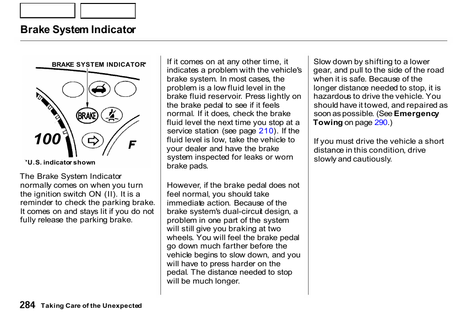 Brake system indicator | HONDA 2001 CR-V - Owner's Manual User Manual | Page 288 / 326