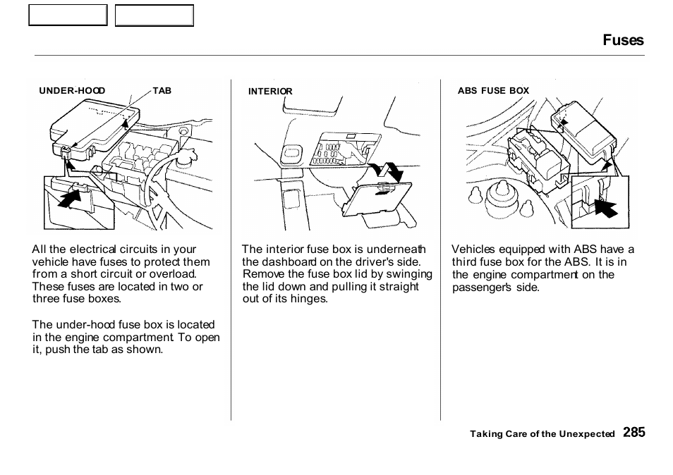 Fuses | HONDA 2001 CR-V - Owner's Manual User Manual | Page 289 / 326