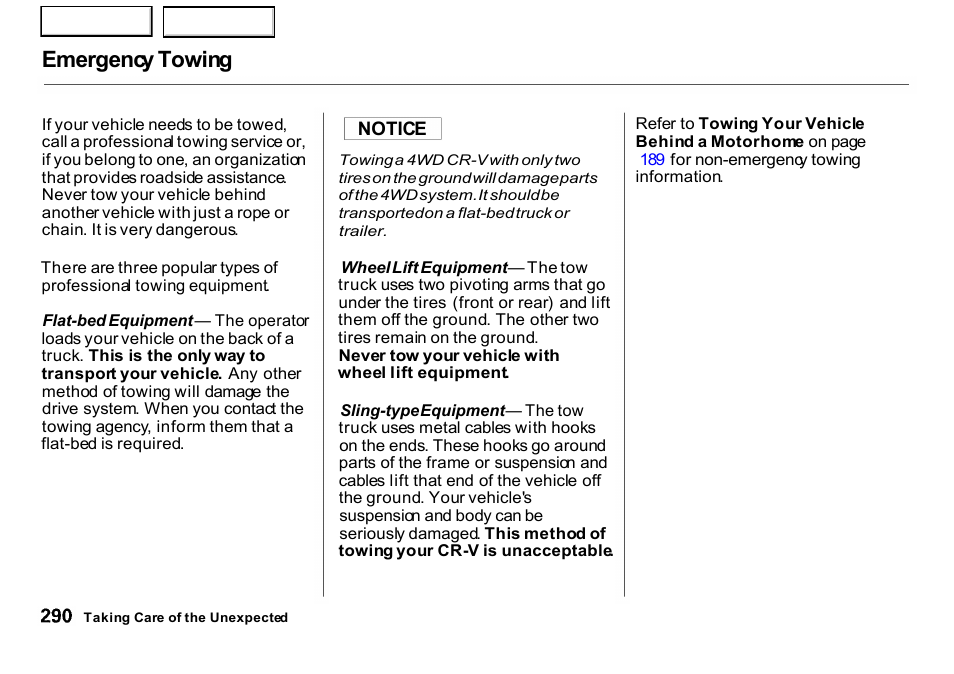 Emergency towing | HONDA 2001 CR-V - Owner's Manual User Manual | Page 294 / 326