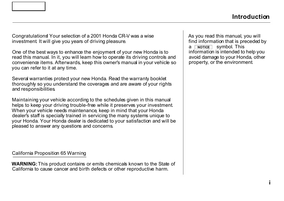 Introduction | HONDA 2001 CR-V - Owner's Manual User Manual | Page 3 / 326